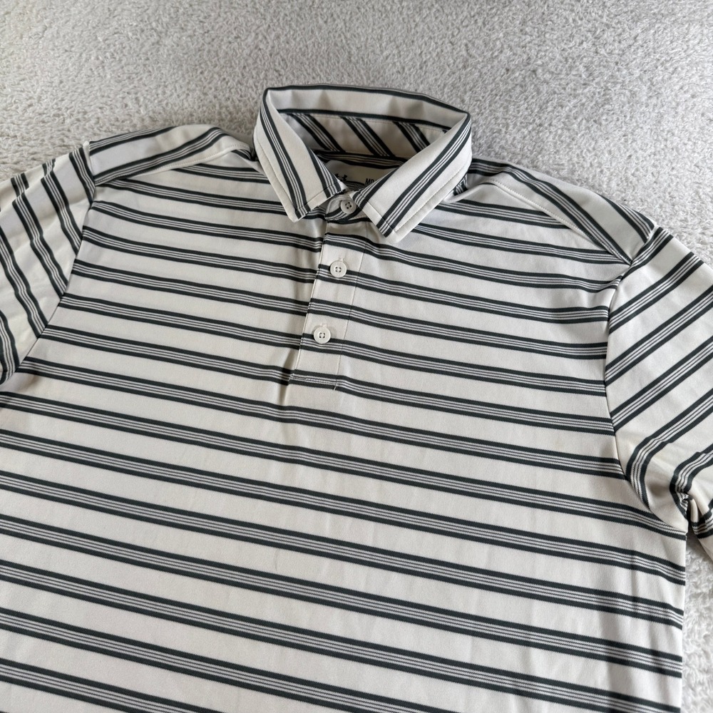 Under Armour Polo Mens Medium White Gray Striped HeatGear DCI Logo 3080